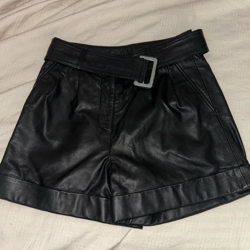 River Island Black Leather High-Waist Pleated Belted Shorts (Genuine Leather)